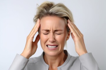 Woman suffering from headache on light background. Health care and medicine concept