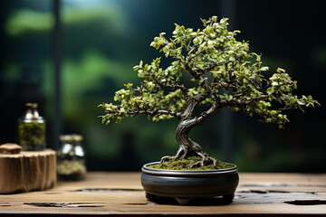 Miniature tree on rustic wood table, natures presence within cozy spaces Generative AI