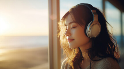Young Asian girl in headphones listening to music by the window