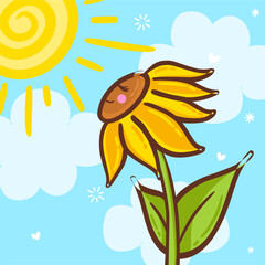 cute sunflower facing the sun cartoon style drawing