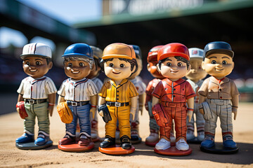 Photorealistic illustration of imagined toy plastic diverse baseball players without jersey team names. 
This image was created using AI generative technology.	