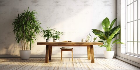 The backdrop is comprised of a white wall, an empty wooden table, and tropical plants. Prototype of a contemporary interior design for a home or business.