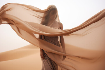 Woman in a long dress walking in the desert with flowing fabric in the wind