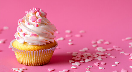 beautiful delicious pancake with cream with sprinkles on pastel pink background in high resolution