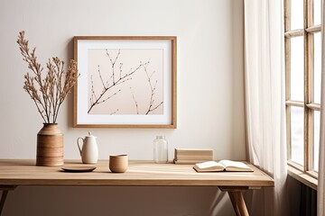A breakfast scene captured in a photograph. It features a wooden desk or table adorned with a cup of coffee, books, and an empty picture frame that serves as a placeholder. A vase containing olive