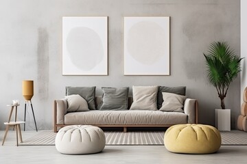 The living room interior is trendy and well designed, featuring a mock up poster frame, a brown sofa, a patterned pillow, a modern pouf, and personal accessories. The wall is made of gray concrete