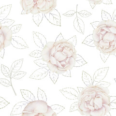 Seamless delicate pattern of watercolor white-pink roses with  leaves on a transparent background. Botanical repeatable floral background for home decor, fabrics, textiles, wallpapers, wrapping paper.