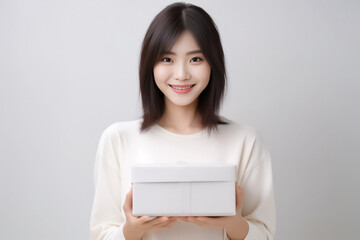Fototapeta premium In front of view portrait of woman wearing T-shirt standing with carton box and looking at camera with sweet smile isolated on white gray background. Generative AI.