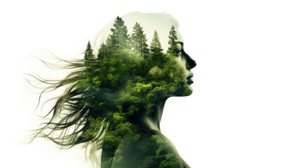 Silhouette beautiful woman with Green Forest and Grass Hair. Nature ecology concept. - 633044623