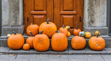 orange pumpkins in front of a house, concept halloween october
