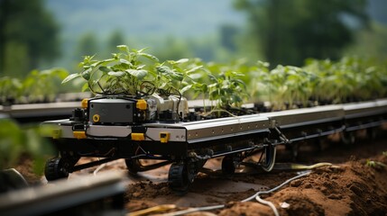 Obraz premium Robot drone for the care and collection of greens and vegetables. Automated harvesting in the greenhouse and in the garden, advanced technology.