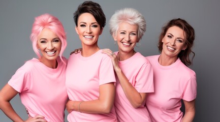 Obraz premium studio shot of a group of smiling women in pink clothes are posing together