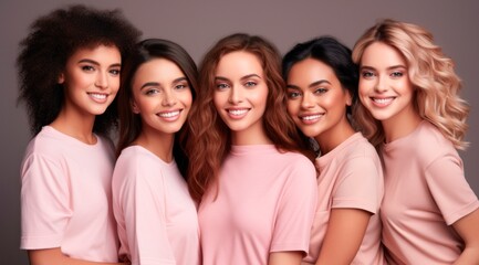 studio shot of a group of smiling women in pink clothes are posing together