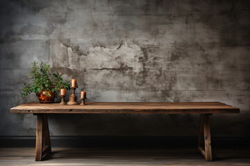 Rustic wood table surface complemented with grunge concrete textured wall Generative AI