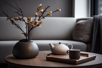 In a cozy living room designed with hygge aesthetics, youll find a teapot and an exquisitely adorned ceramic cup. These items perfectly embody the idea of a comfortable home while displaying a touch
