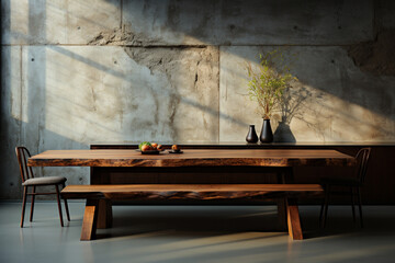 Solitary timber table, marries raw concrete wall texture, an aesthetic fusion unfolds Generative AI