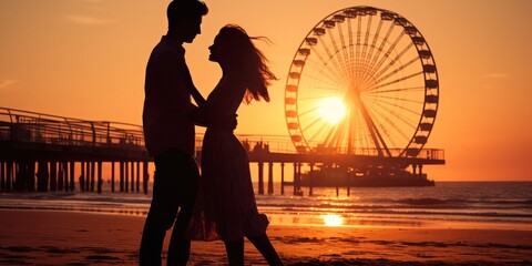 Romantic couple embracing in front of seaside pier ferris wheel at sunset 