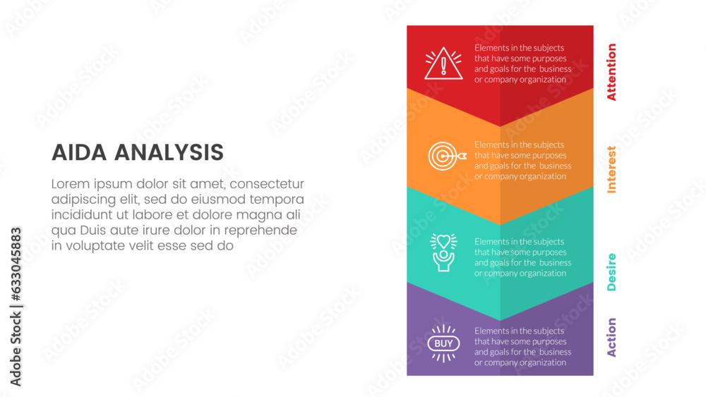 Poster aida model for attention interest desire action infographic concept with big vertical arrow to botto