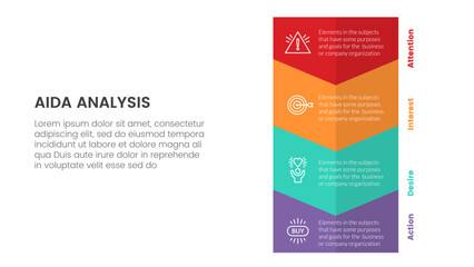 aida model for attention interest desire action infographic concept with big vertical arrow to bottom direction 4 points for slide presentation style vector