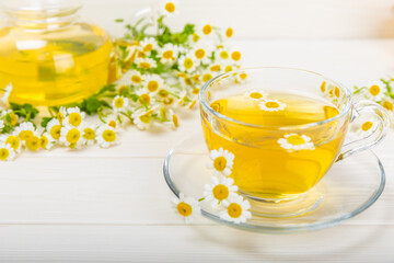 Chamomile tea on a white table. Delicious tonic, soothing and relaxing chamomile tea with chamomile flowers, honey and lemon. Herbal tea for immunity. Close-up.Place for text.Copy space.