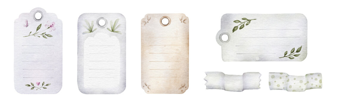 A set of empty gift box tags or trade labels. Collection of watercolor tags. Blank organic style stickers