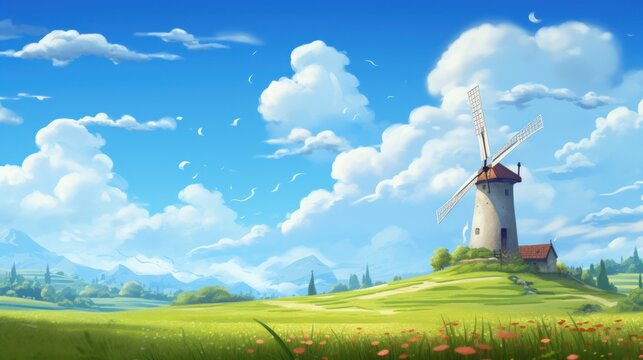 landscape with windmill. Generative AI