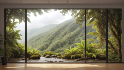 view of the misty mountain through the big glass door on empty room - Generative AI