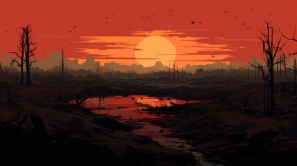 sunset over the river. Generative AI