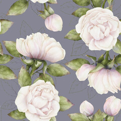 Seamless delicate pattern of watercolor white-pink roses with green leaves on a grey-blue  background. Botanical repeatable floral background for decor, fabrics, textiles, wallpapers, wrapping paper