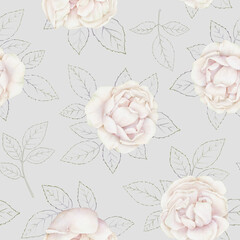 Seamless delicate pattern of watercolor white-pink roses with  leaves on a pearl grey background. Botanical repeatable floral background for home decor, fabrics, textiles, wallpapers, wrapping paper