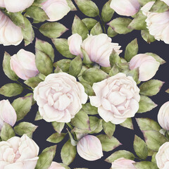 Seamless delicate pattern of watercolor white-pink roses with green leaves on a dark blue background. Botanical repeatable floral background for decor, fabrics, textiles, wallpapers, wrapping paper