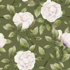 Seamless delicate pattern of watercolor white-pink roses with green leaves on a green background. Botanical repeatable floral background for home decor, fabrics, textiles, wallpapers, wrapping paper