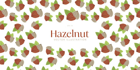 Hazelnut Banner on white background. Food pattern, seamless hazelnut pattern banner, repeating. Vector Illustration, EPS 10.
