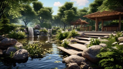 japanese garden with pond and garden. Generative AI