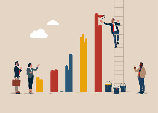 Business people draws a graph of growth in indicators with paint. Financial and economic growth. Vector illustration in flat style.