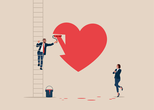 Boyfriend climb up stepladder and in love paint a love heart shape. Girlfriend rejoices.  Valentines day concept. Vector illustration in flat style.