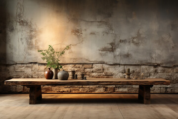 Vacant timber table, rustic warmth aligns with urban concrete wall, visual narrative Generative AI