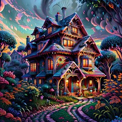 Obraz premium A whimsical generative ai illustration featuring charming gnome houses nestled amongst the lush forest foliage