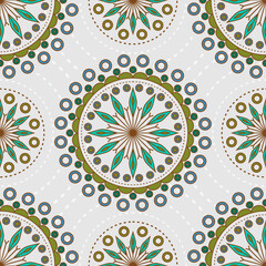 Seamless pattern with mandala. Mandalas ornament vector illustration. Gray green ethnic ornament. Decorative round elements on brown background. Yoga life style home decor.