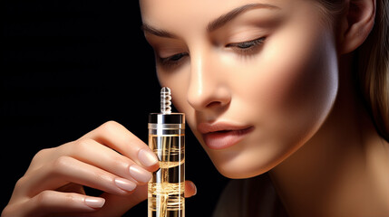 the woman applying an antioxidant-rich serum, aiming to protect her skin from environmental damage and promote a youthful appearance