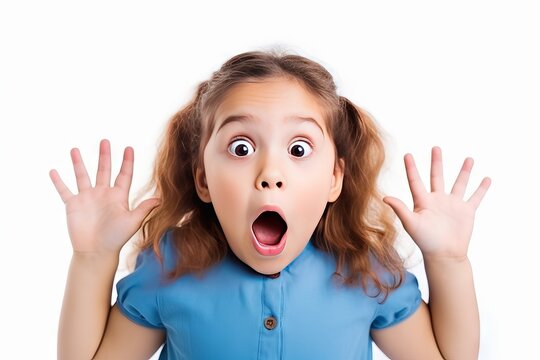 Scared child kid or shocked due to news holding raised fists close to face, isolated on white background looking at camera waist up Caucasian little girl of 5 years in blue
