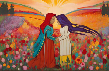 Fototapeta premium A colorful picture of two women holding hands in a meadow of flowers