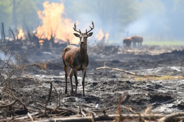 In the foreground is the silhouette of a deer coming out of the burning forest, in the background are the silhouettes of other animals. Natural disasters.