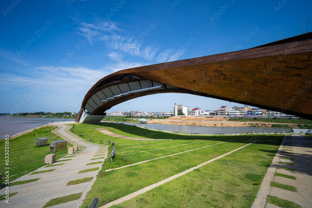 Wall mural the architecture name is pasan is new landmark wooden bridge with chao phraya river , the memorial b