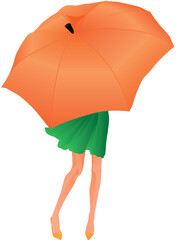A girl in a green dress hides from the rain under an orange umbrella