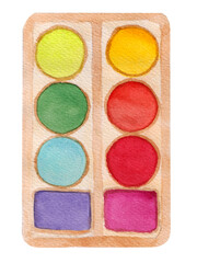 Watercolor paints for drawing, bright element isolated on white background. For various products, hobbies, school etc.