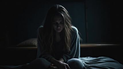 Depressed woman sitting head in hands on the bed in the dark bedroom, lonely and unhappy concept. Generative Ai
