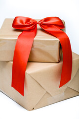 Red bow on gift boxes