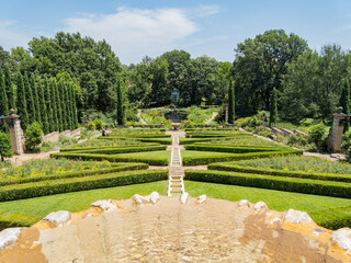Sunny view of the garden of Philbrook Museum of Art