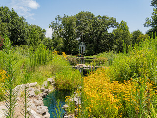 Sunny view of the garden of Philbrook Museum of Art